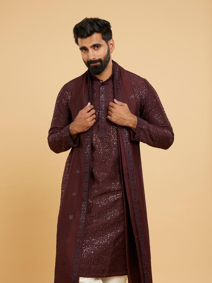 Twamev Men Glamorous Wine Kurta Set with Dupatta