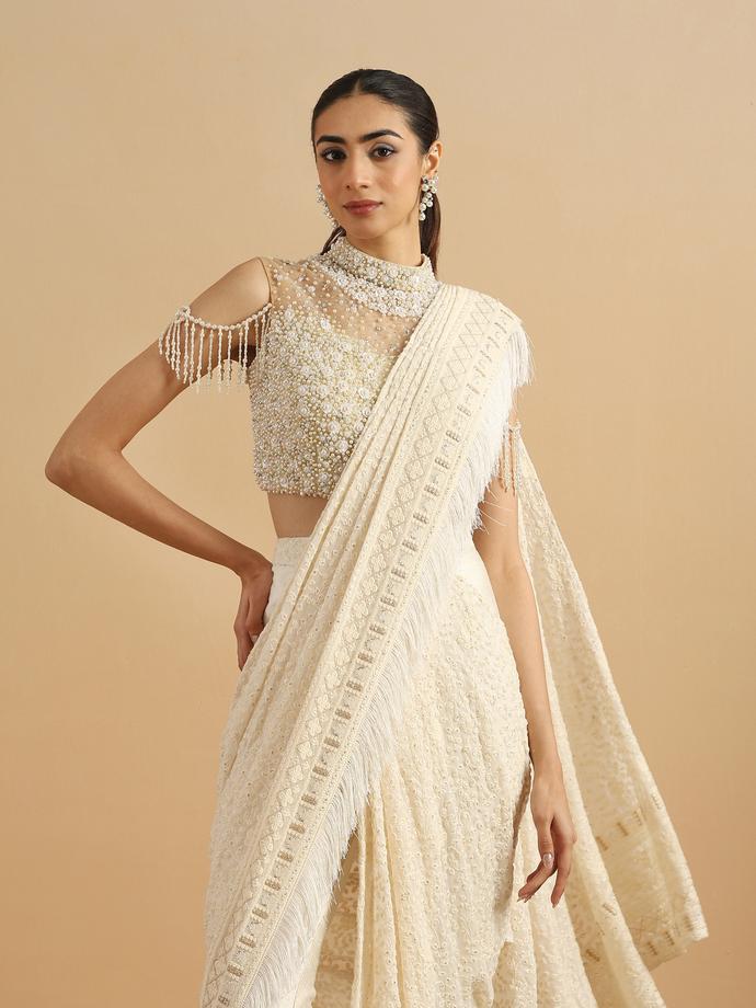 Twamev Women Regal Cream Fancy Partywear Saree