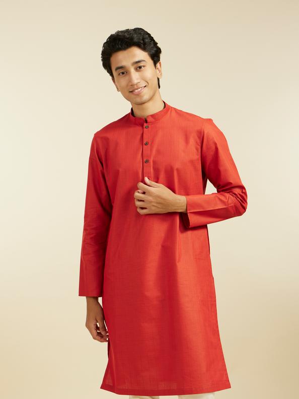 Diwas Men Scarlet Red Linear Self Striped Kurta