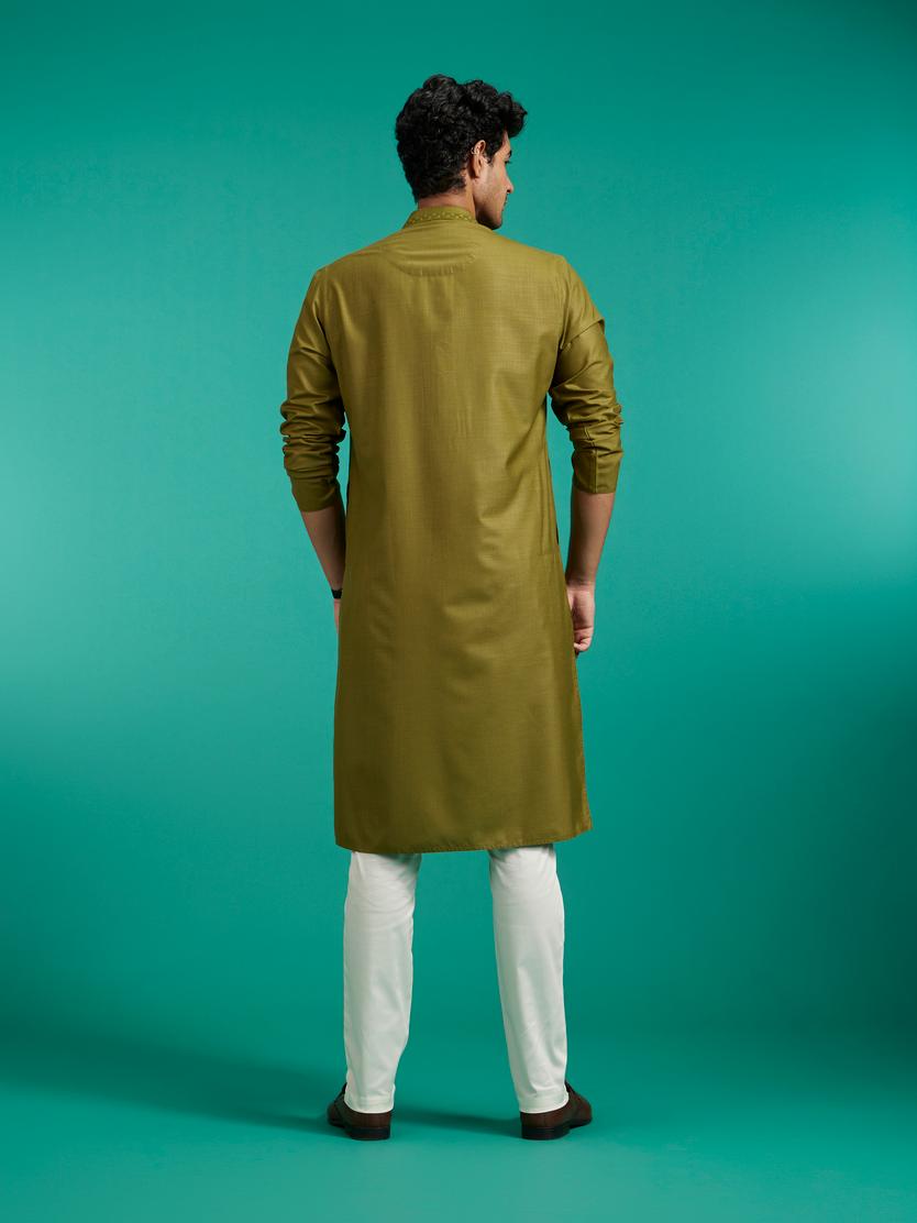 Diwas Men Olive Green Plain Classic Kurta with Embroidered Neckline