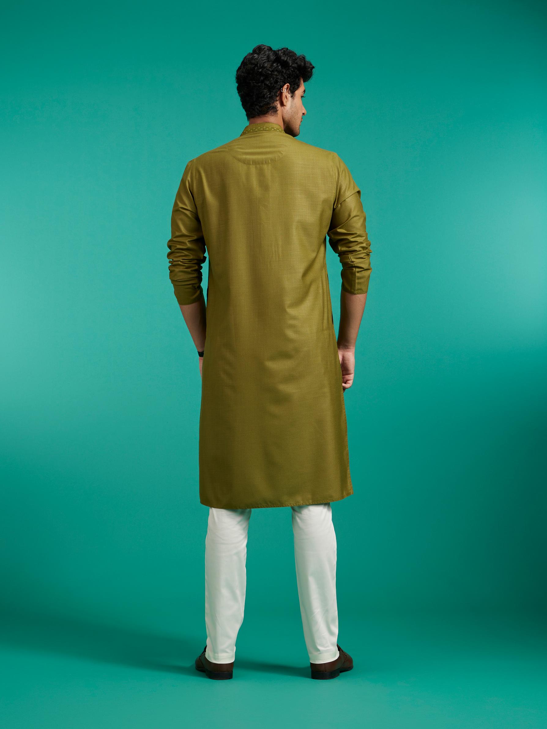 Diwas Men Olive Green Plain Classic Kurta with Embroidered Neckline