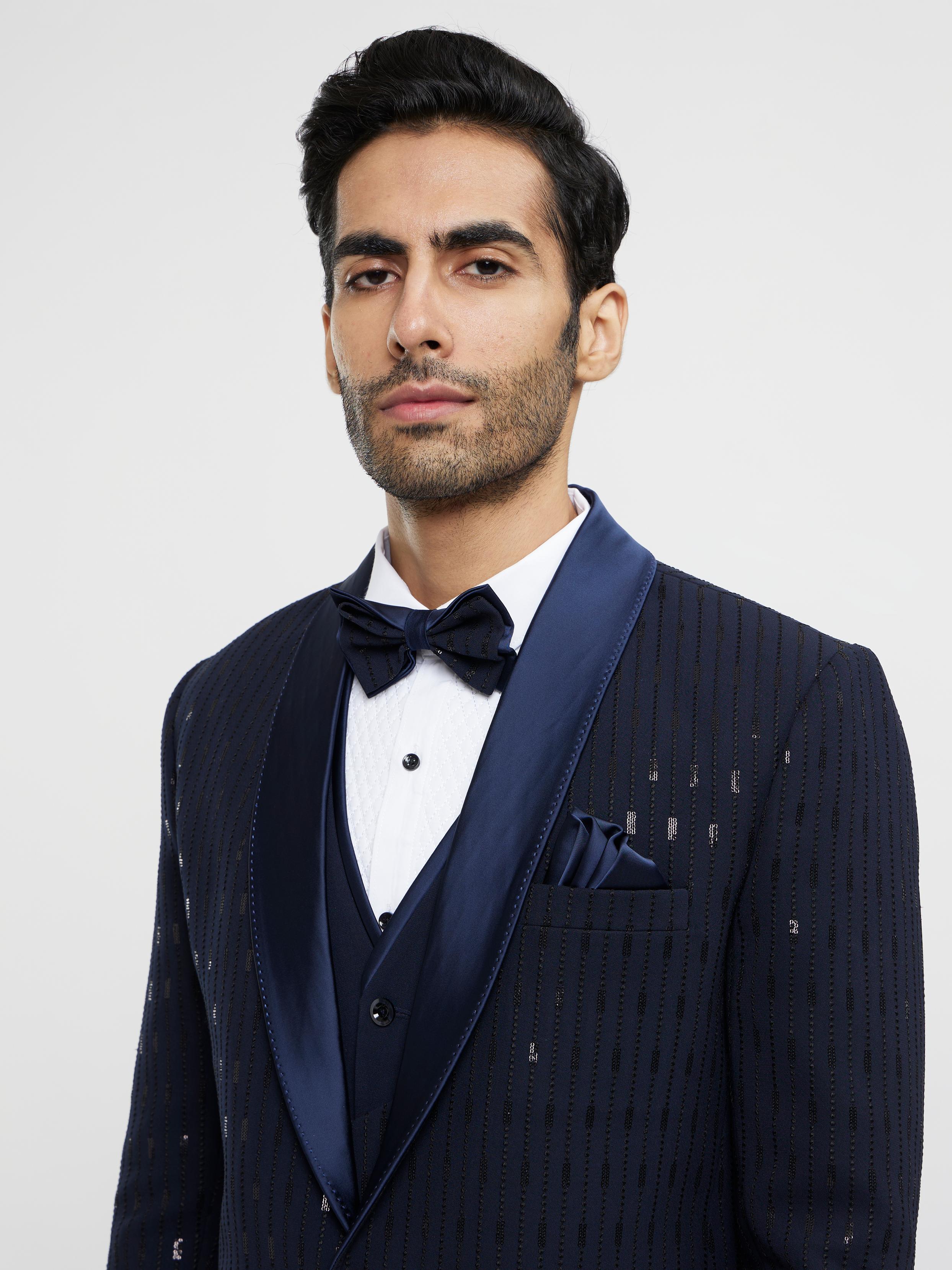 Twamev Men Navy Blue Linear Patterned Sequinned Suit Set