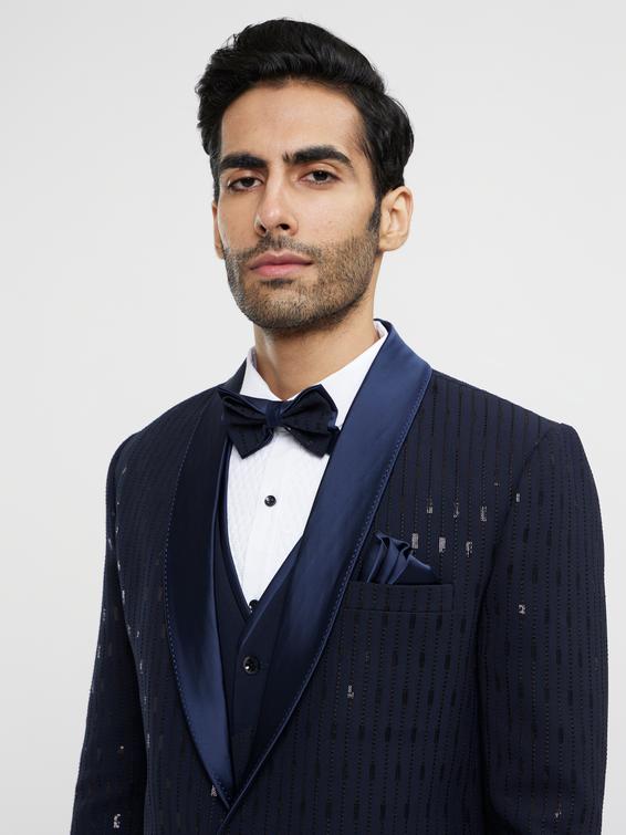 Twamev Men Navy Blue Linear Patterned Sequinned Suit Set
