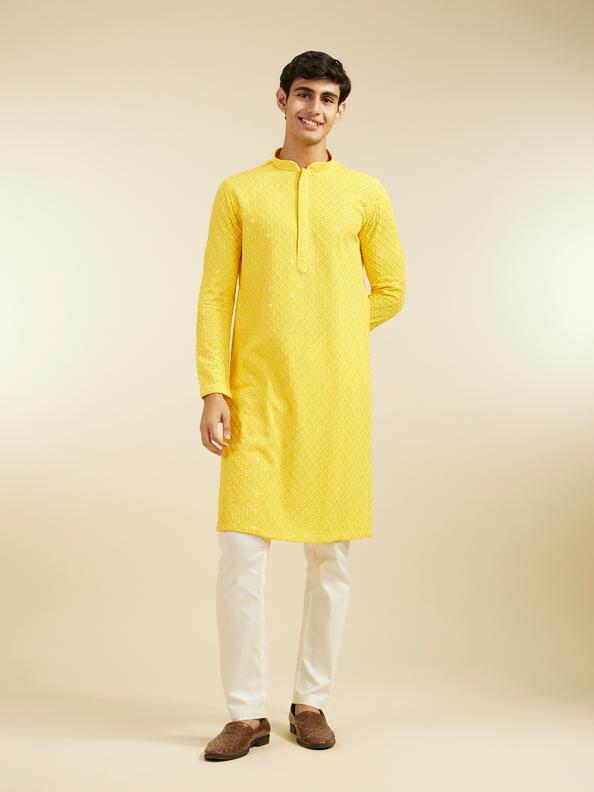 Diwas Men Sunshine Yellow Chikankari Kurta With Sequins