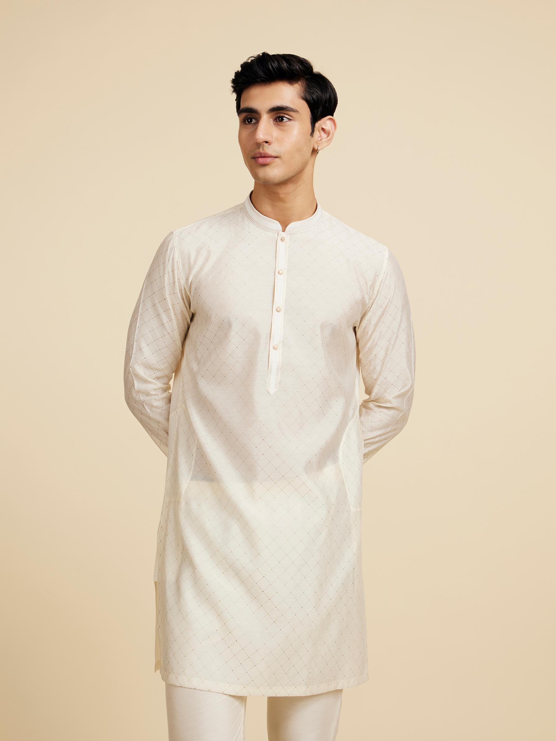 Diwas Men Cream White Grid Patterned Kurta