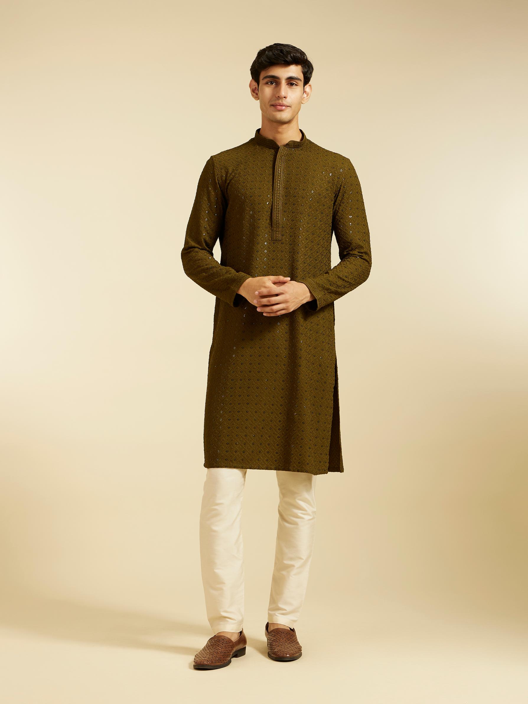 Diwas Men Olive Green Chikankari Kurta with Sequin