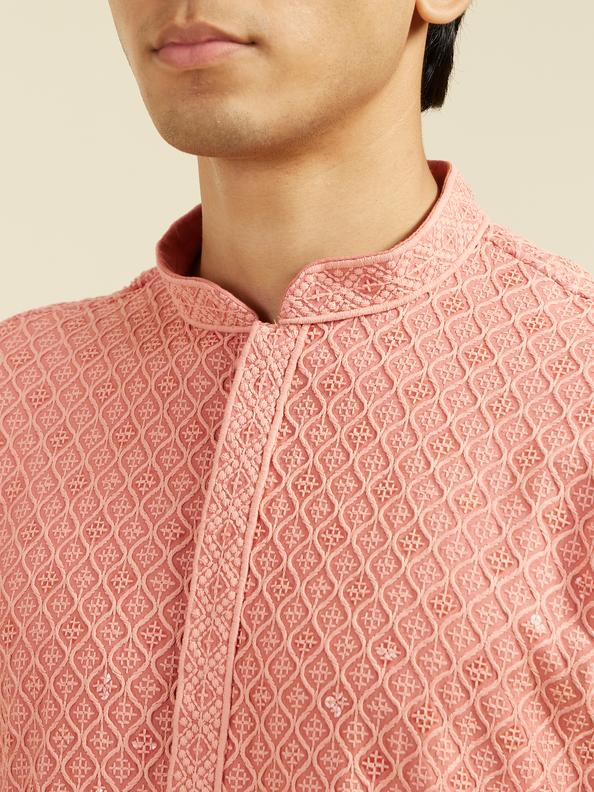 Diwas Men Coral Peach Chikankari Kurta With Sequins