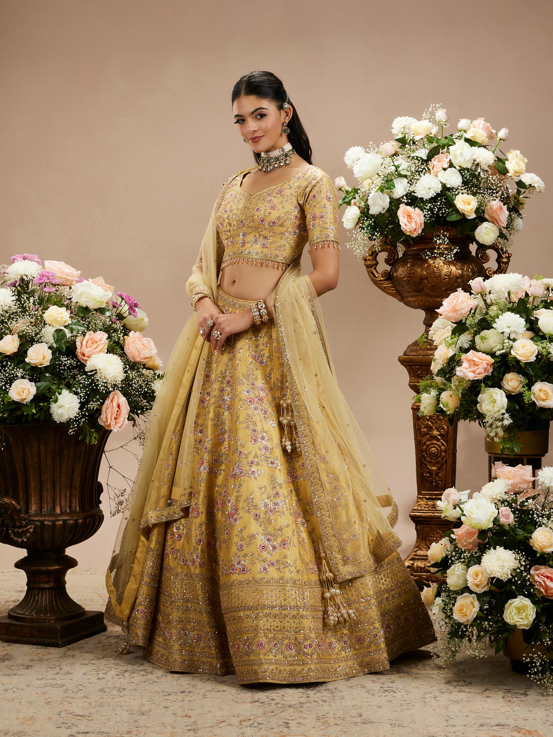 Twamev Women Gold Beige Bel Buti Embroidered Lehenga with Intricate Borders, Sequin And Stone Work