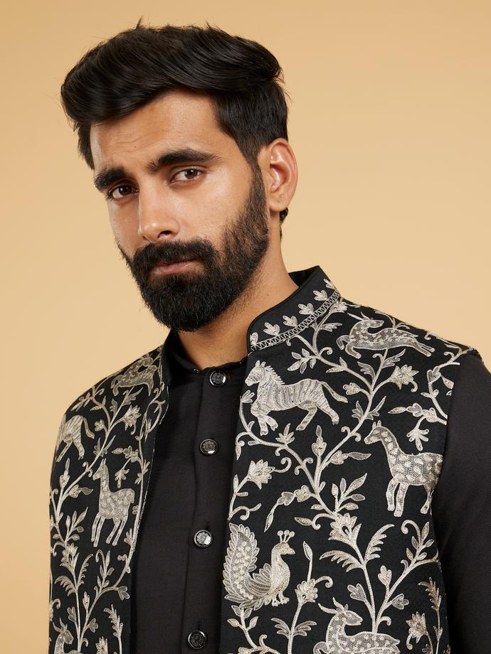 Twamev Men Black Festive Kurta Jacket Set