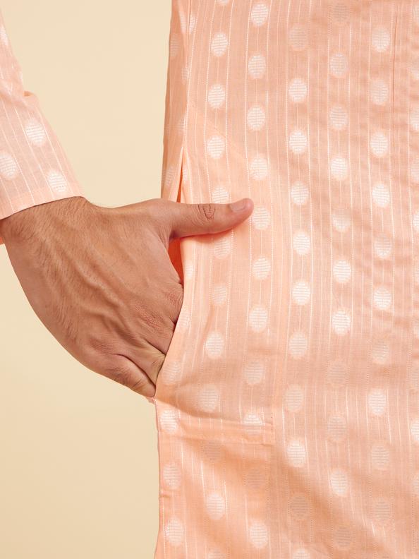 Diwas Men Coral Peach Striped and Oval Patterned Kurta