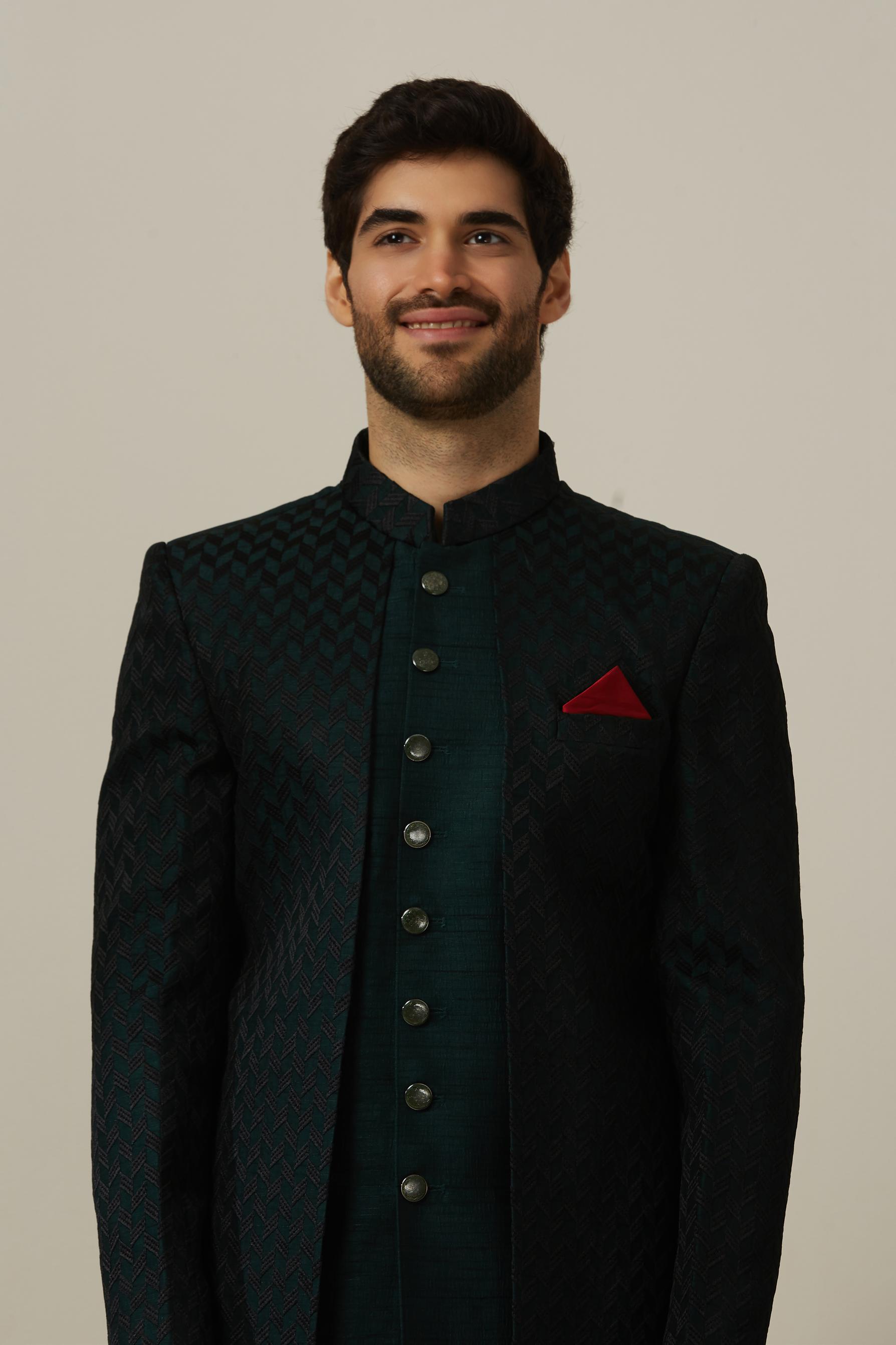 Twamev Men Bottle Green Achkan Style Indo Western Set