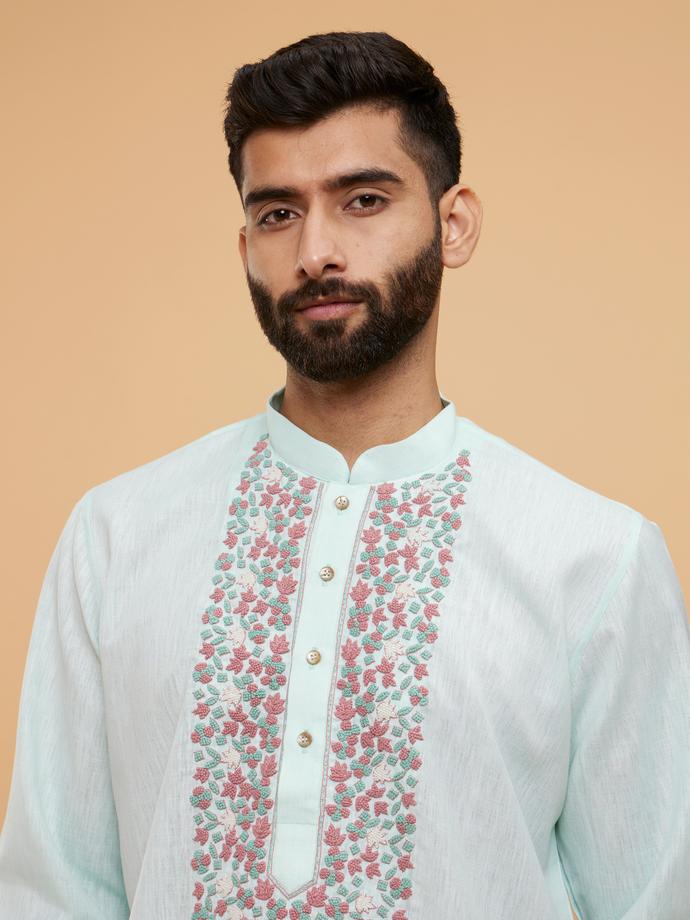 Twamev Men Aqua Green Blended Cotton Kurta Pajama Set