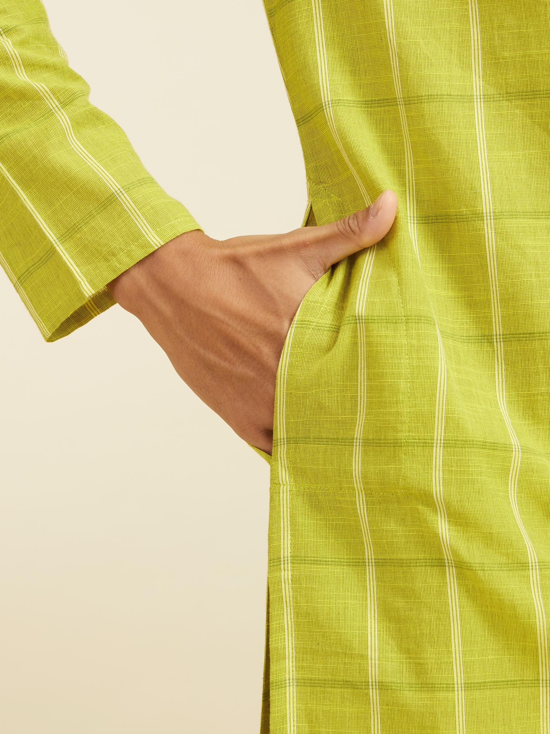 Diwas Men Soft Green Windowpane Checks Patterned Kurta