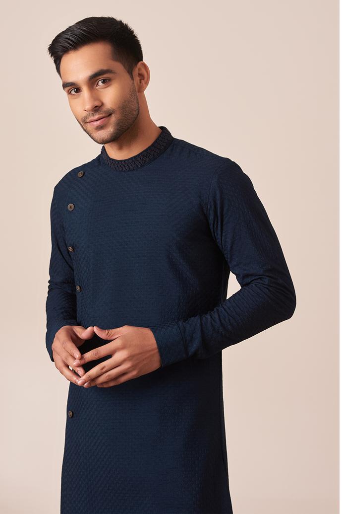 Twamev Men Navy Blue Side Open Kurta Pajama