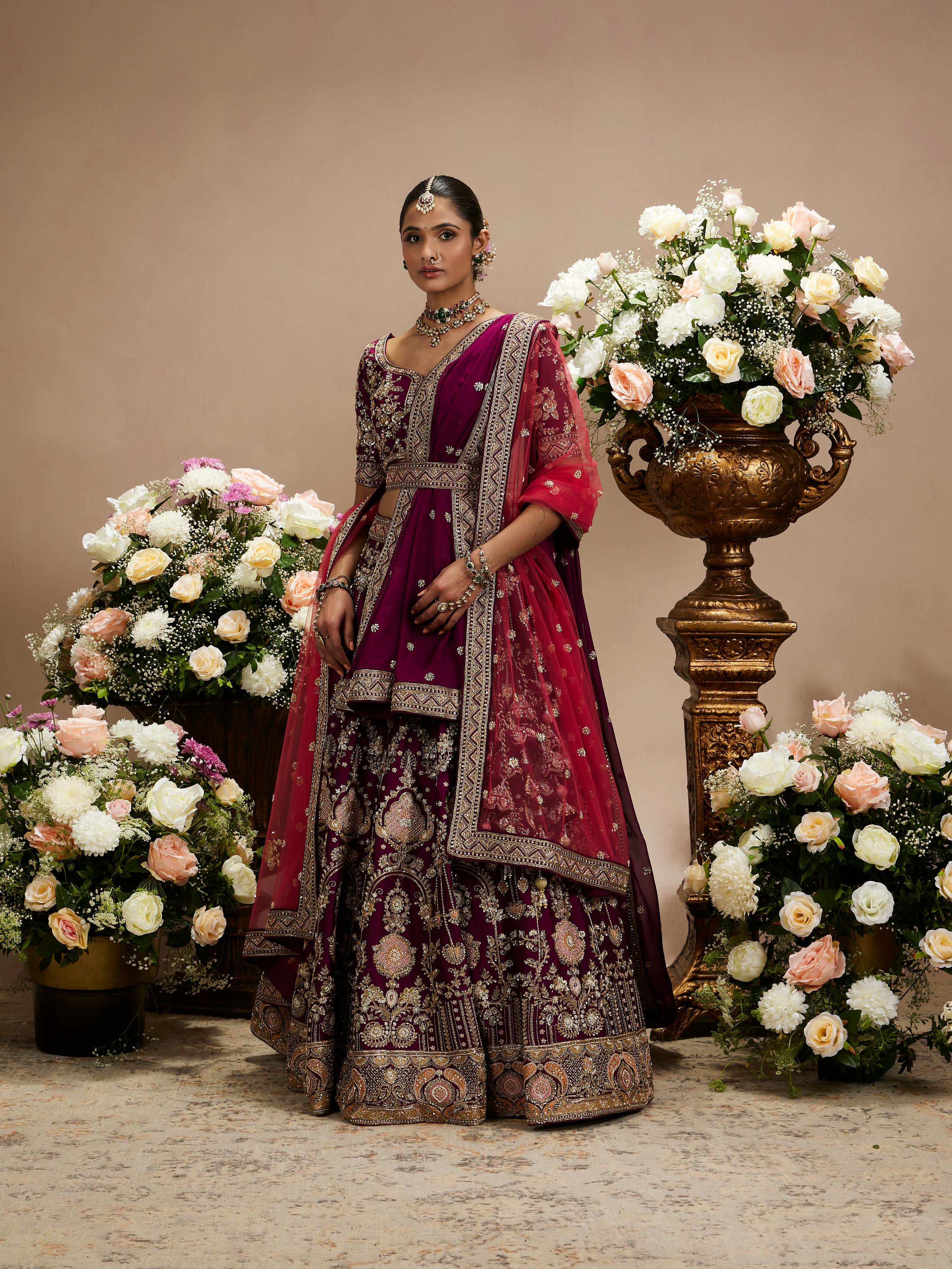 Twamev Women Wine Purple Zari Embroidered Lehenga with Medallion And Buta Motifs