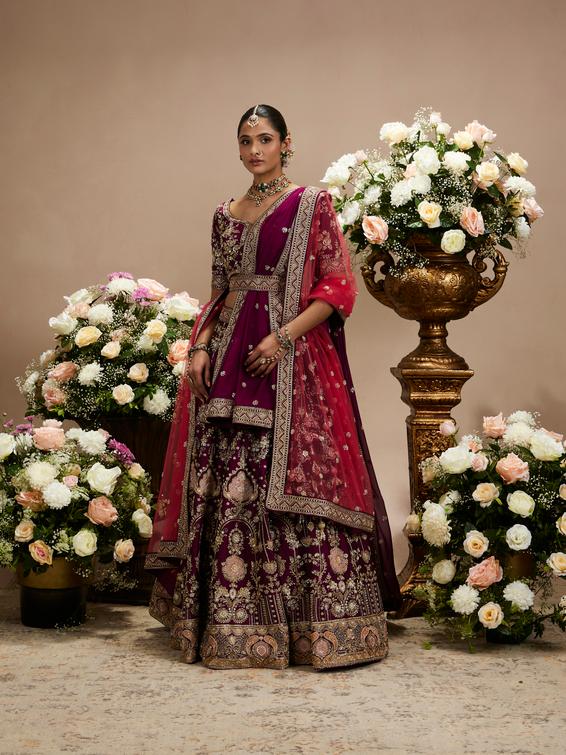 Twamev Women Wine Purple Zari Embroidered Lehenga with Medallion And Buta Motifs