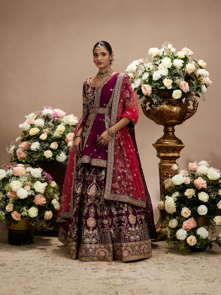 Twamev Women Wine Purple Zari Embroidered Lehenga with Medallion And Buta Motifs
