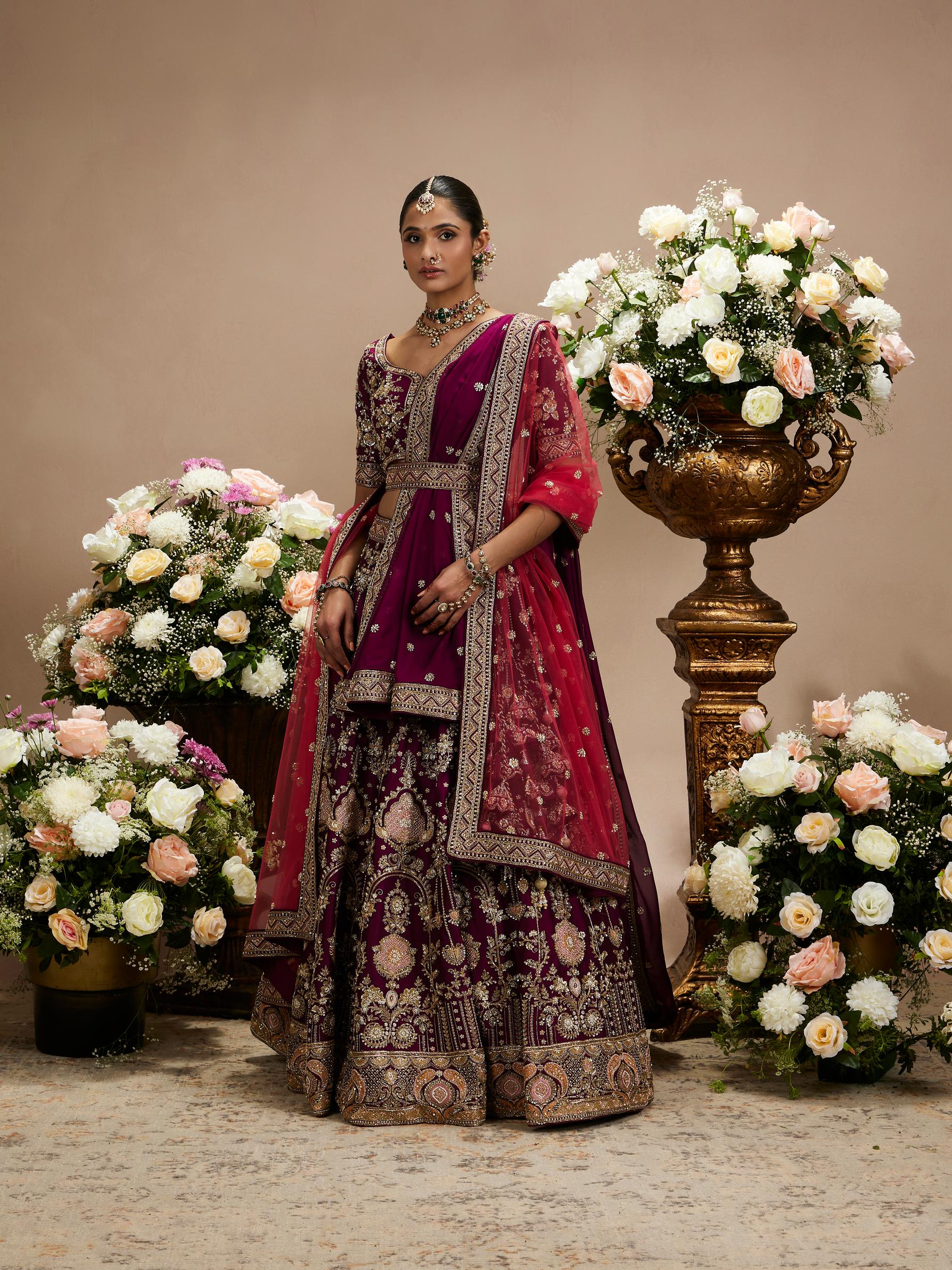 Twamev Women Wine Purple Zari Embroidered Lehenga with Medallion And Buta Motifs