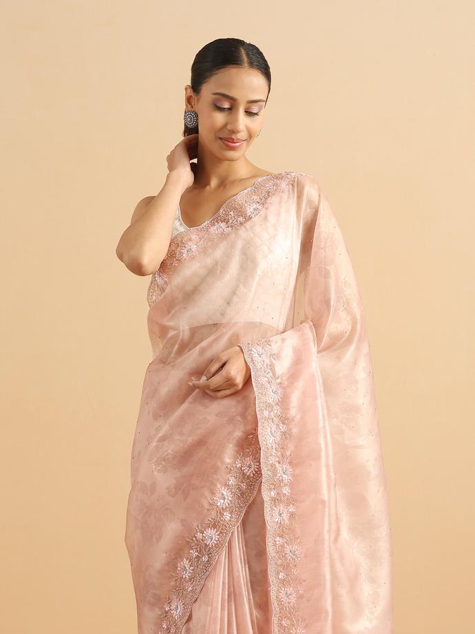 Twamev Women Floral Fawn Pink Organza Saree