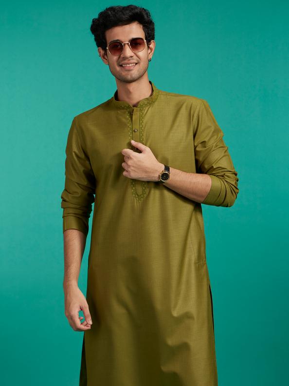 Diwas Men Olive Green Plain Classic Kurta with Embroidered Neckline