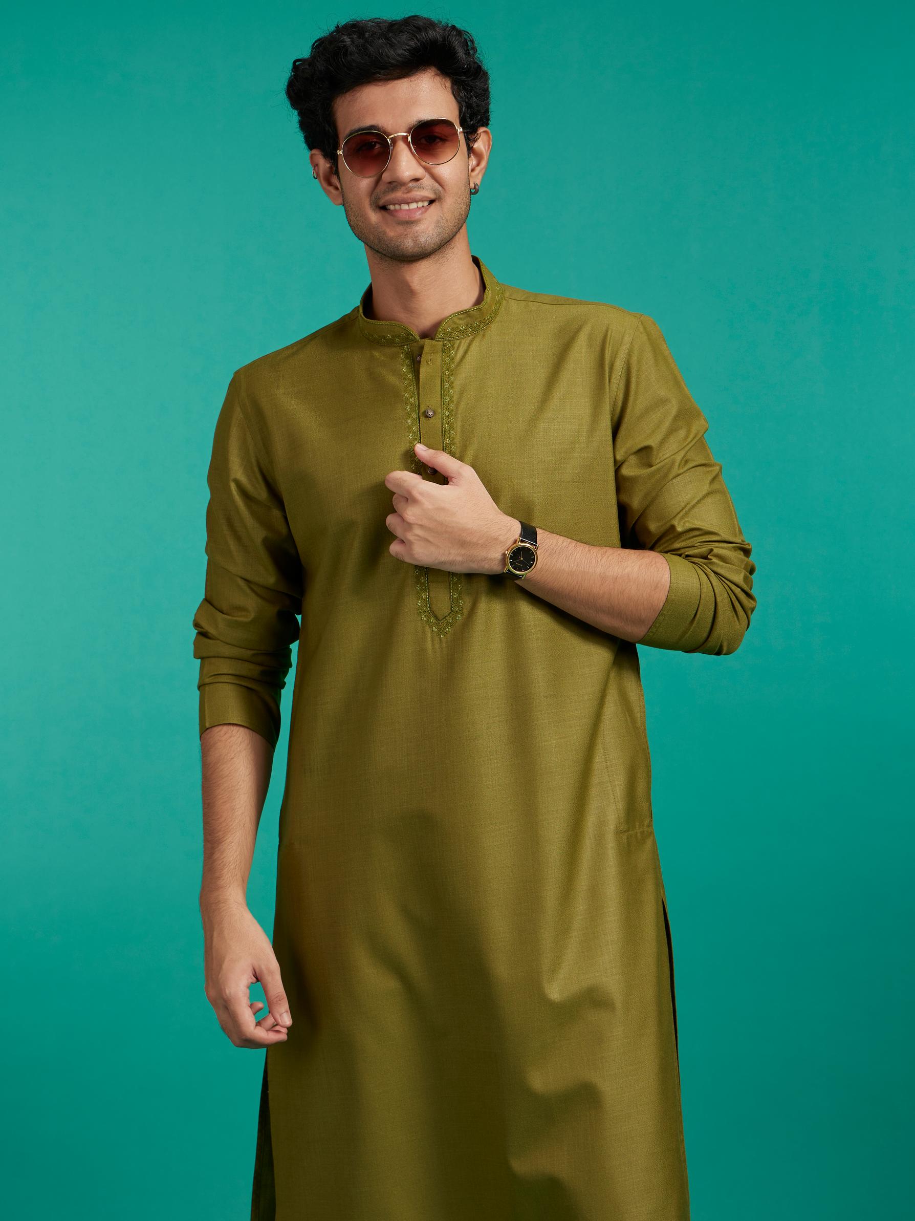 Diwas Men Olive Green Plain Classic Kurta with Embroidered Neckline