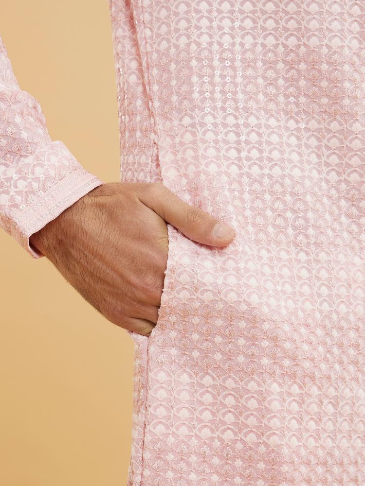 Twamev Men Millennial Pink Chikankari Grid Patterned Kurta Set