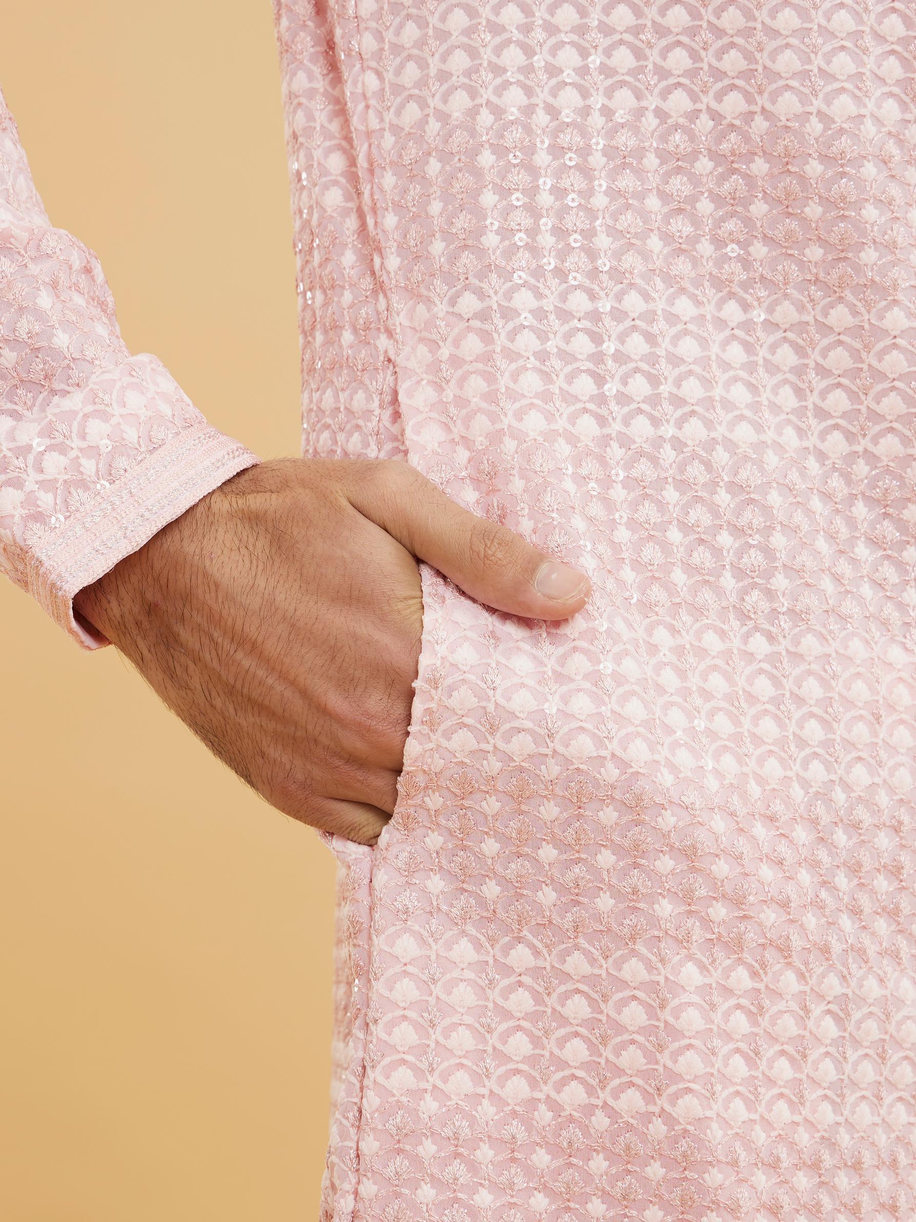 Twamev Men Millennial Pink Chikankari Grid Patterned Kurta Set