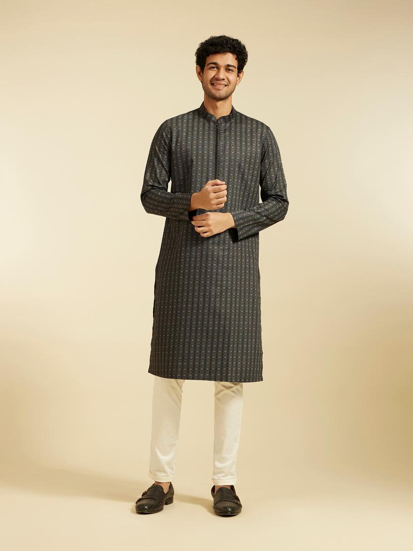 Diwas Men Charcoal Black Linear Printed Kurta