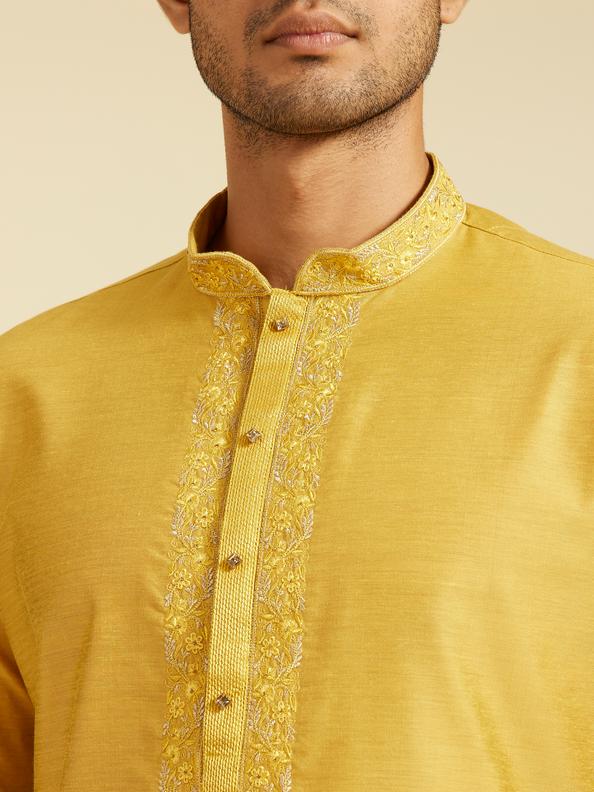 Diwas Men Mustard Yellow Plain Classic Kurta with Embroidered Neckline