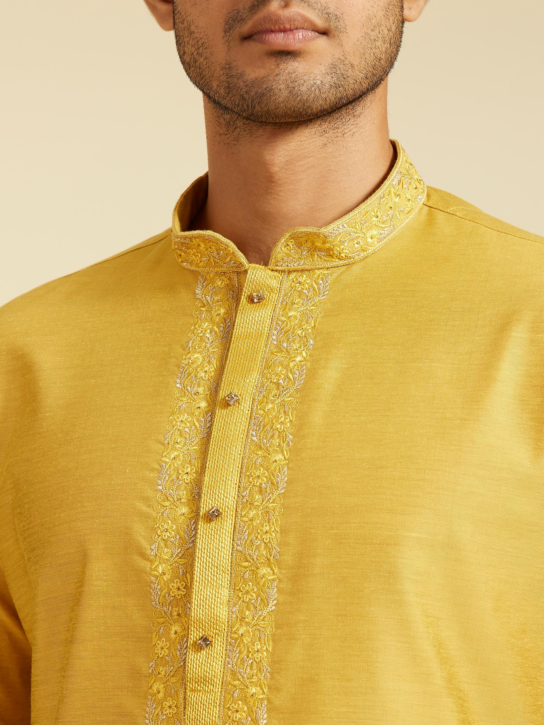 Diwas Men Mustard Yellow Plain Classic Kurta with Embroidered Neckline