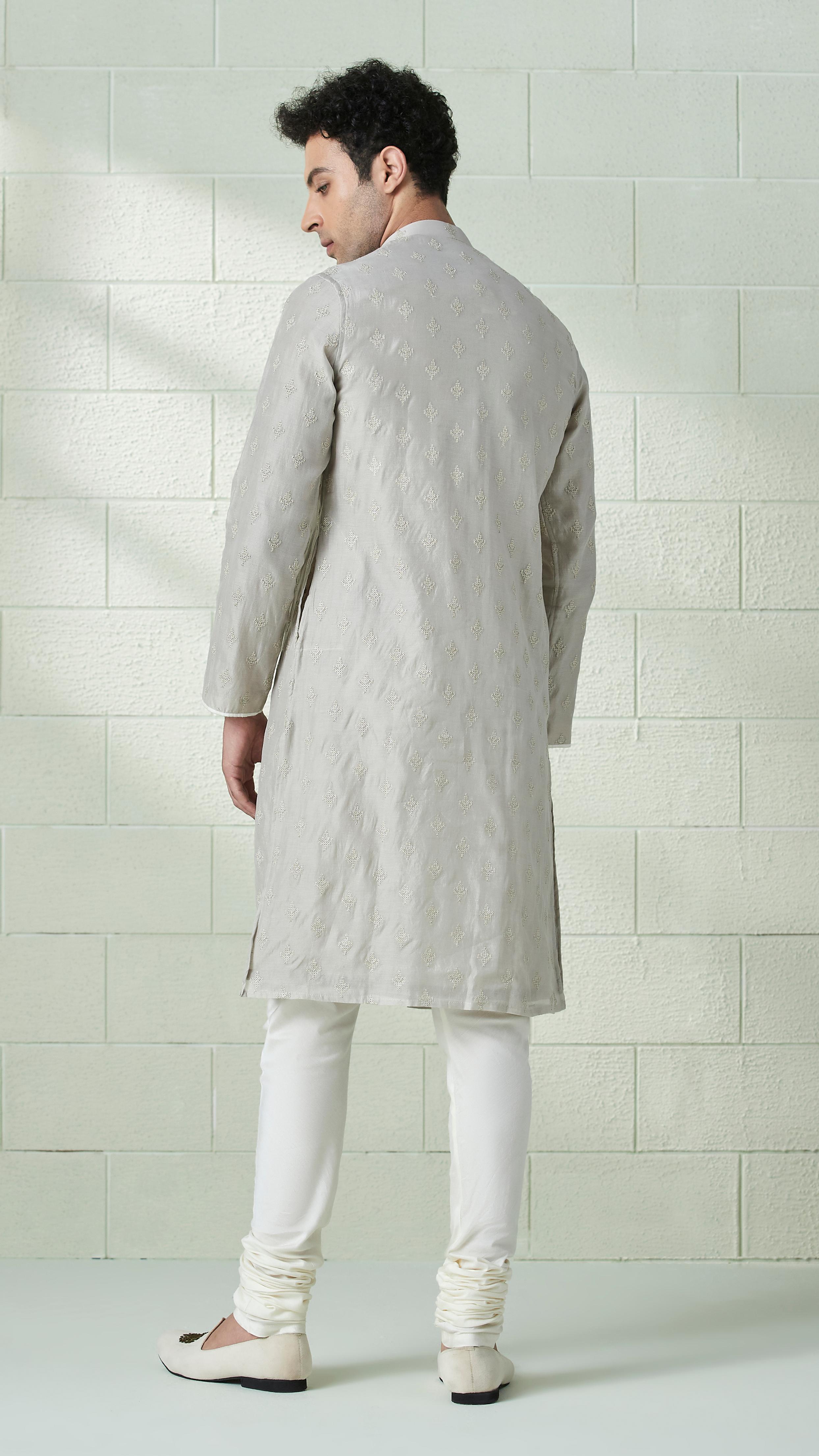 Twamev Men Abalone Grey Angrakha Style Kurta Set