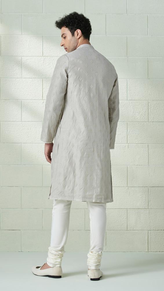 Twamev Men Abalone Grey Angrakha Style Kurta Set