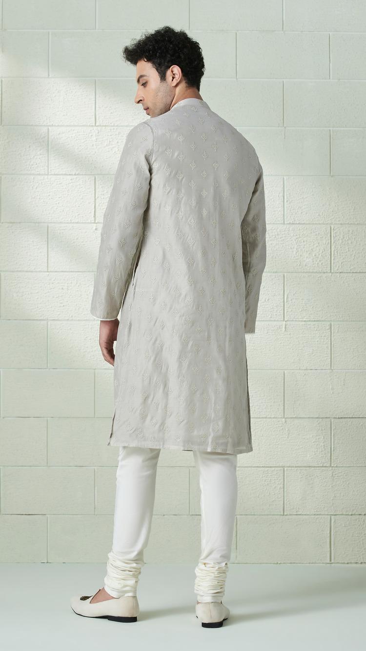 Twamev Men Abalone Grey Angrakha Style Kurta Set