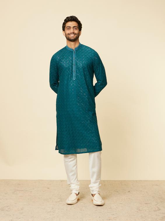 Twamev Men Teal Blue Chikankari Kurta Set