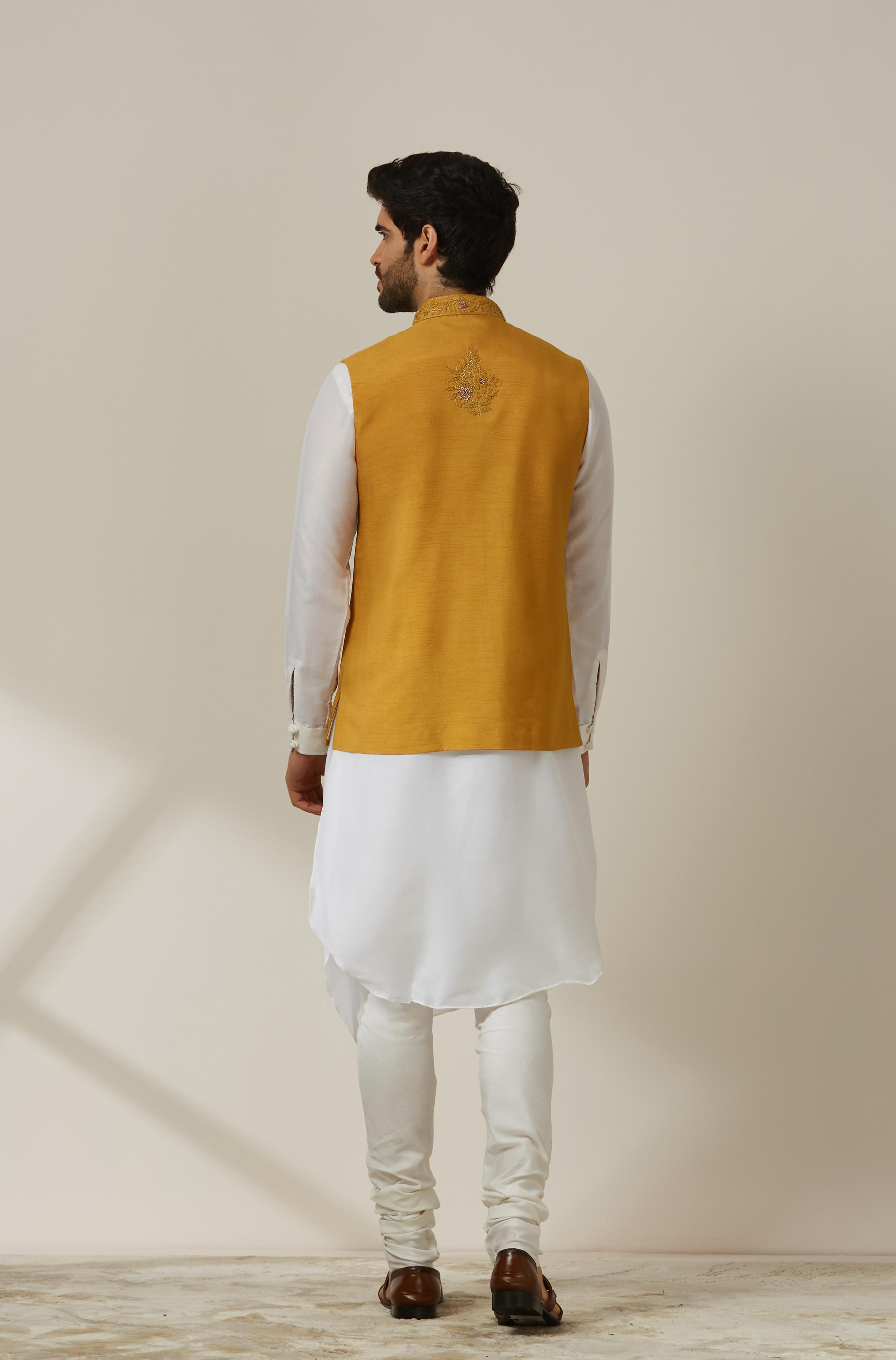 Twamev Men Light Orange Draped Kurta Jacket Set