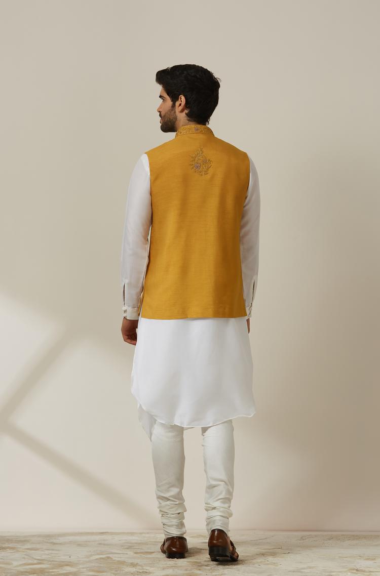 Twamev Men Light Orange Draped Kurta Jacket Set