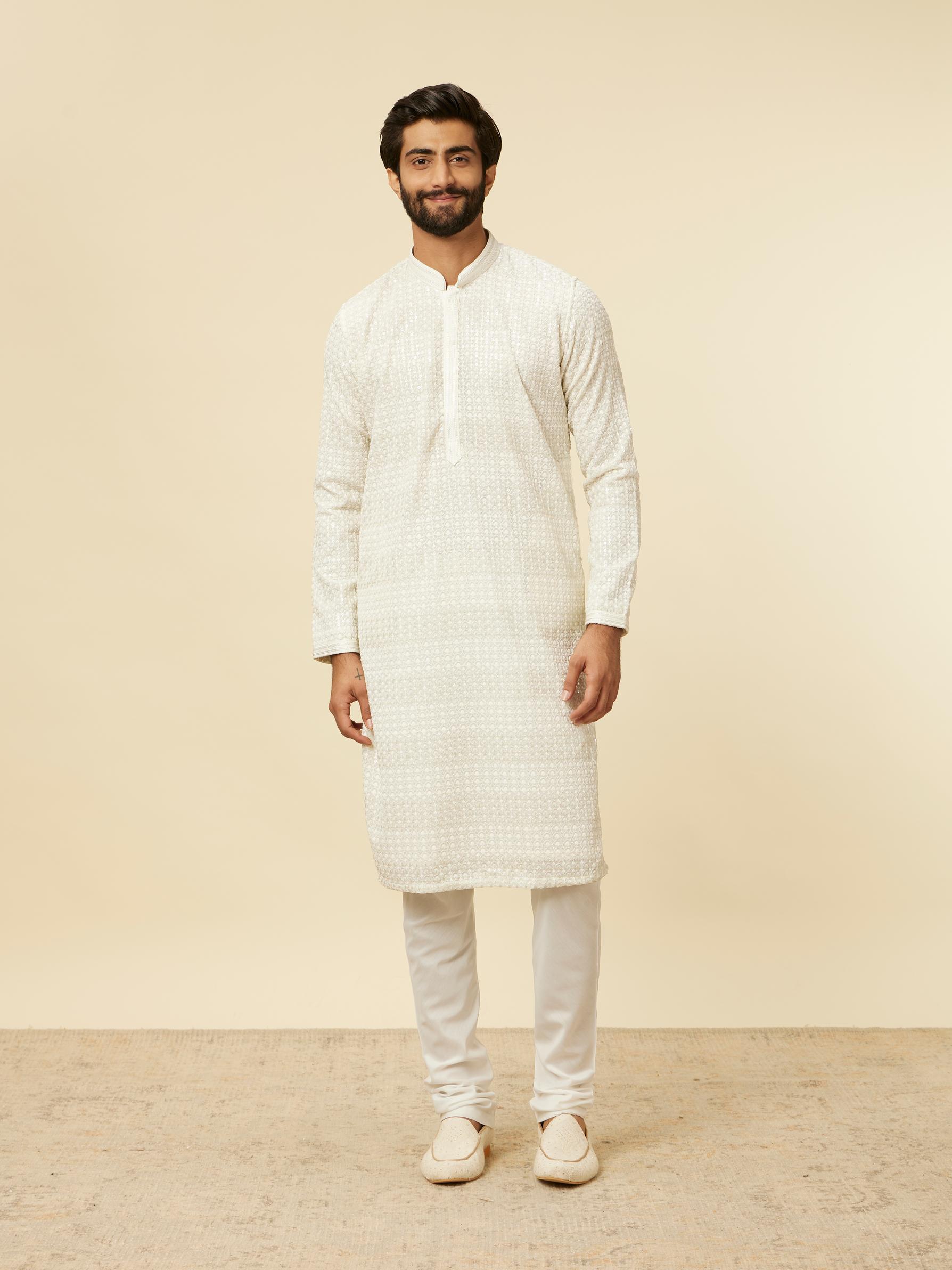 Twamev Men Warm White Self Patterned Sequinned Kurta Set