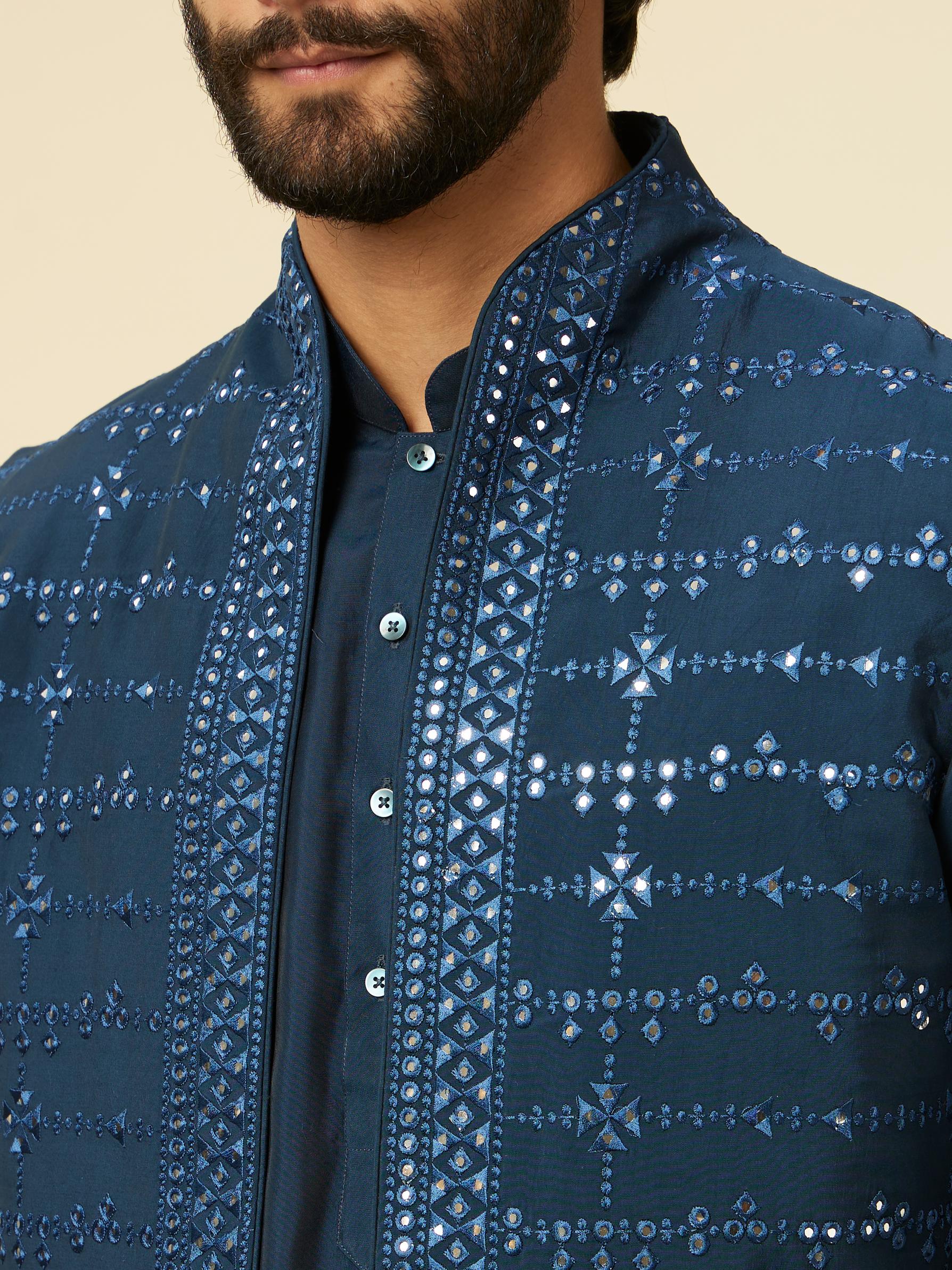 Twamev Men Teal Blue Kurta Jacket Set