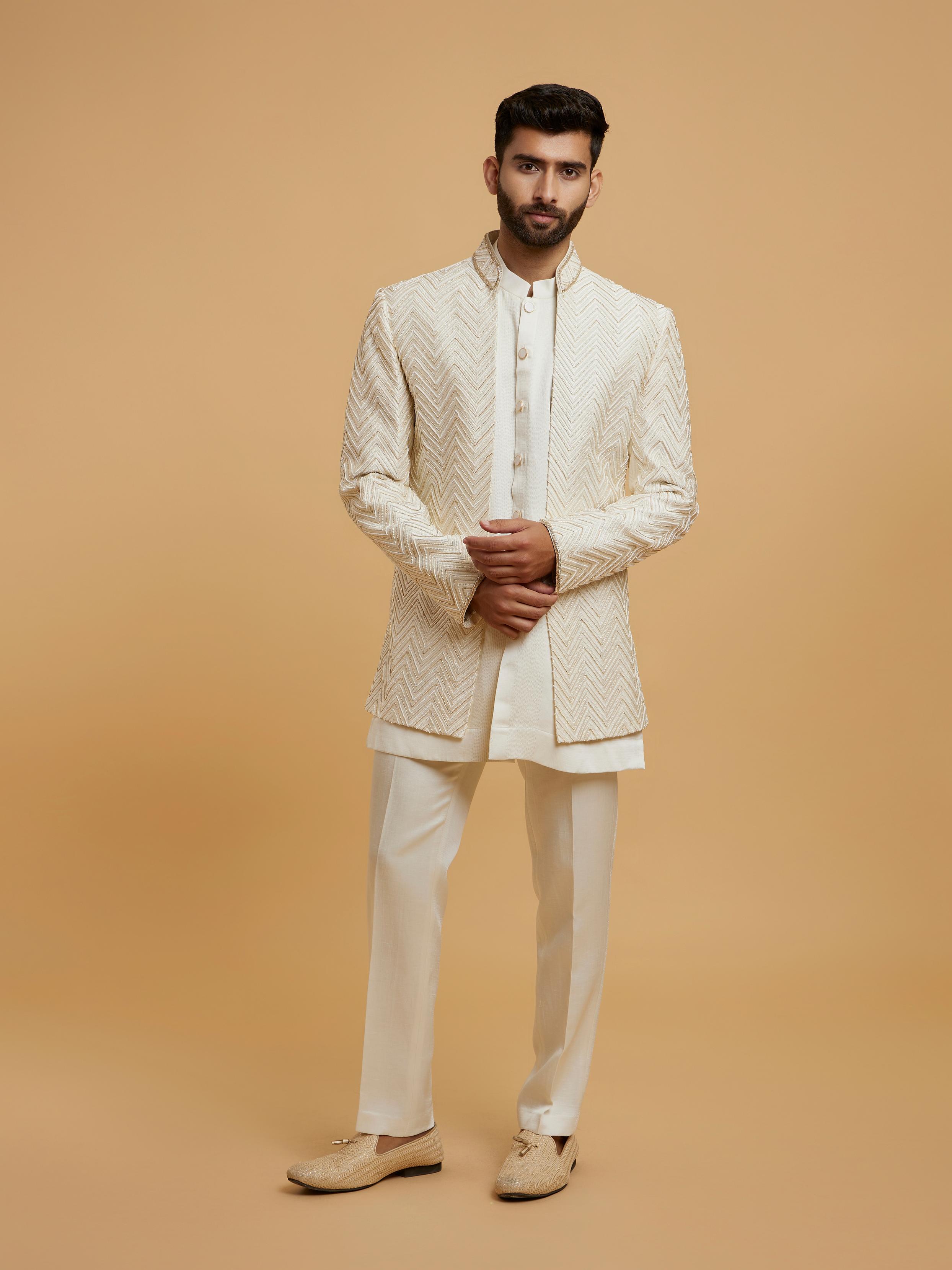 Twamev Men Glowing Cream Embellished Indo Western Set