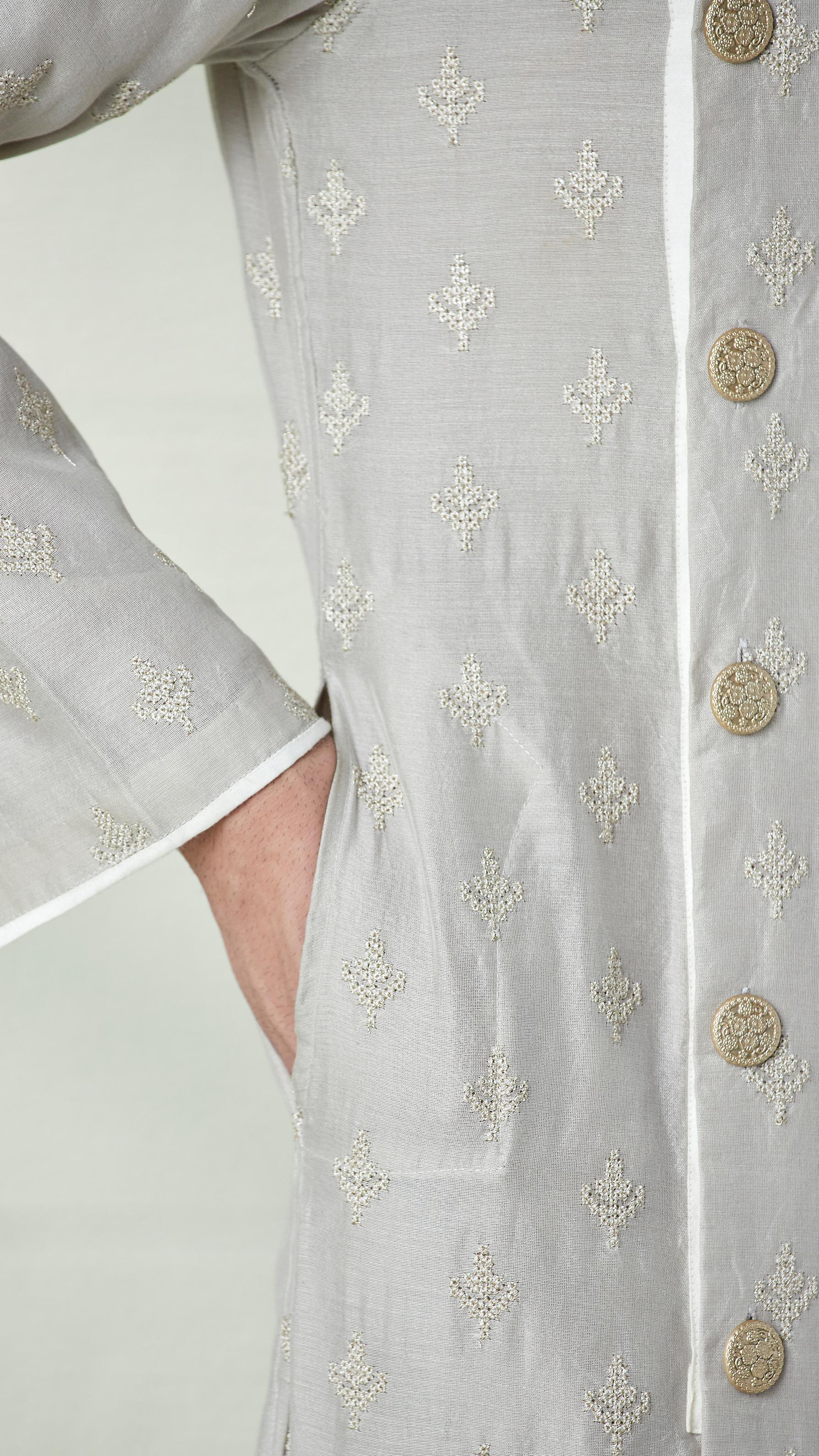 Twamev Men Abalone Grey Angrakha Style Kurta Set