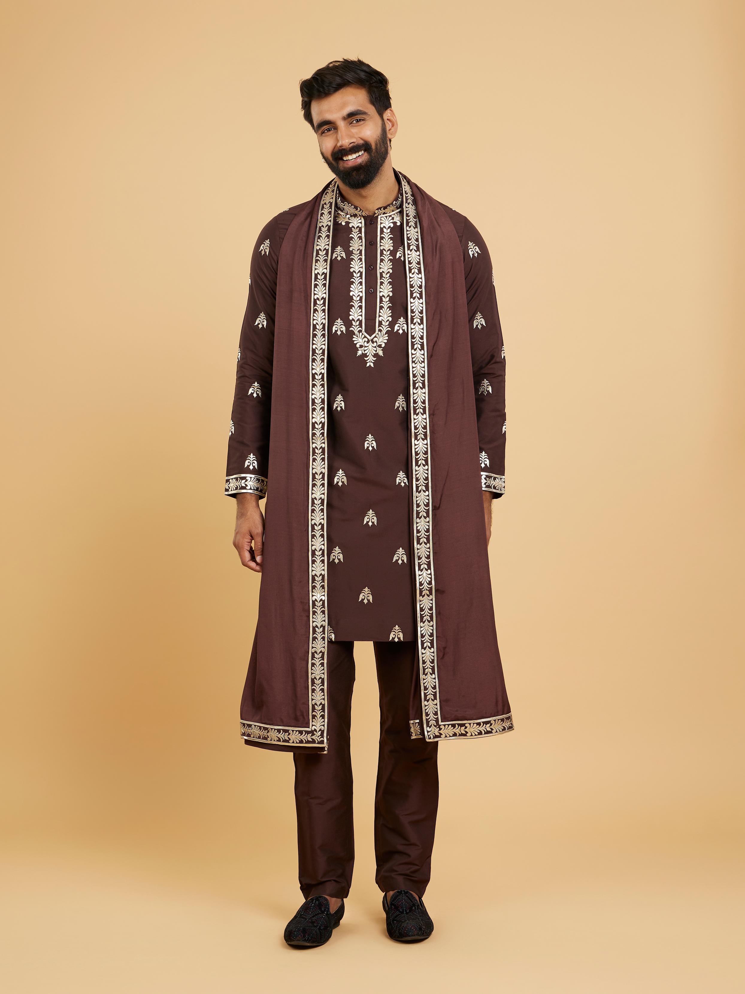 Twamev Men Rich Brown Ensemble Kurta Set with Dupatta