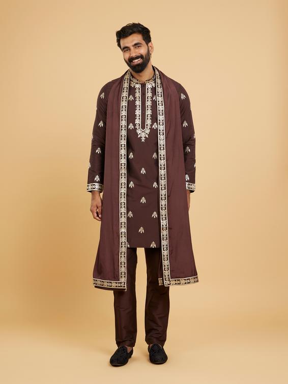 Twamev Men Rich Brown Ensemble Kurta Set with Dupatta
