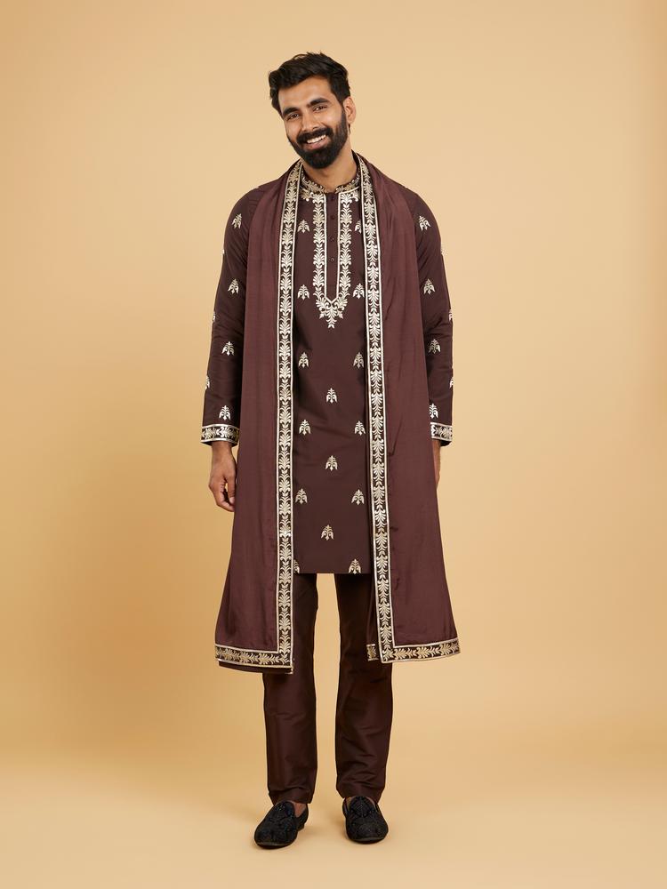 Twamev Men Rich Brown Ensemble Kurta Set with Dupatta