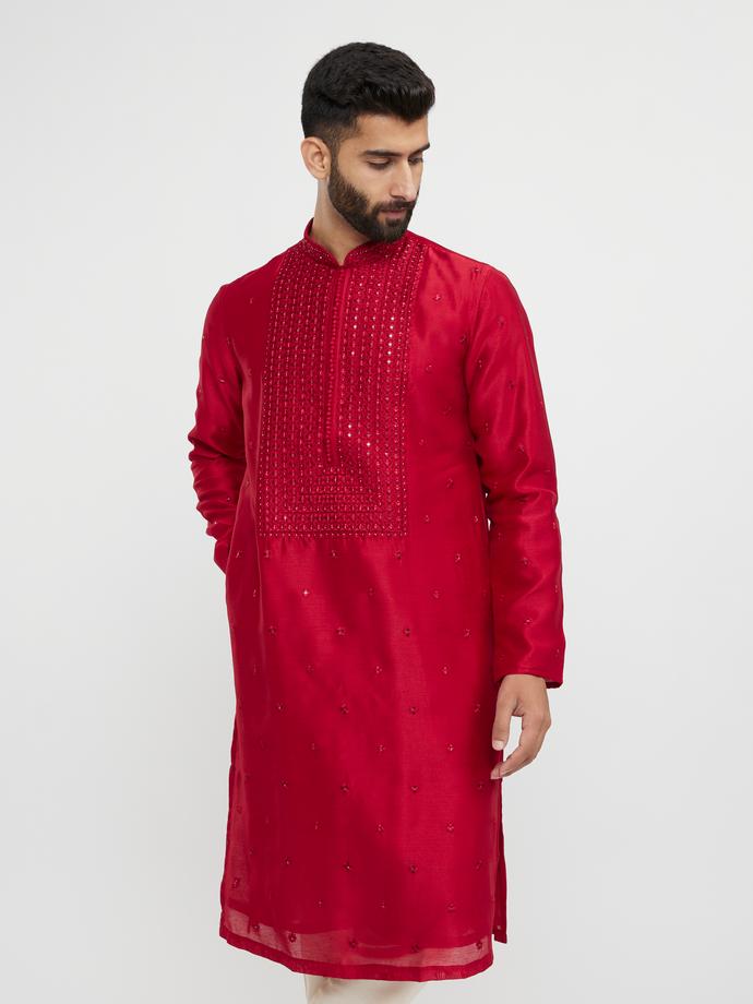 Twamev Men Twilight Gleam Red Kurta Pajama