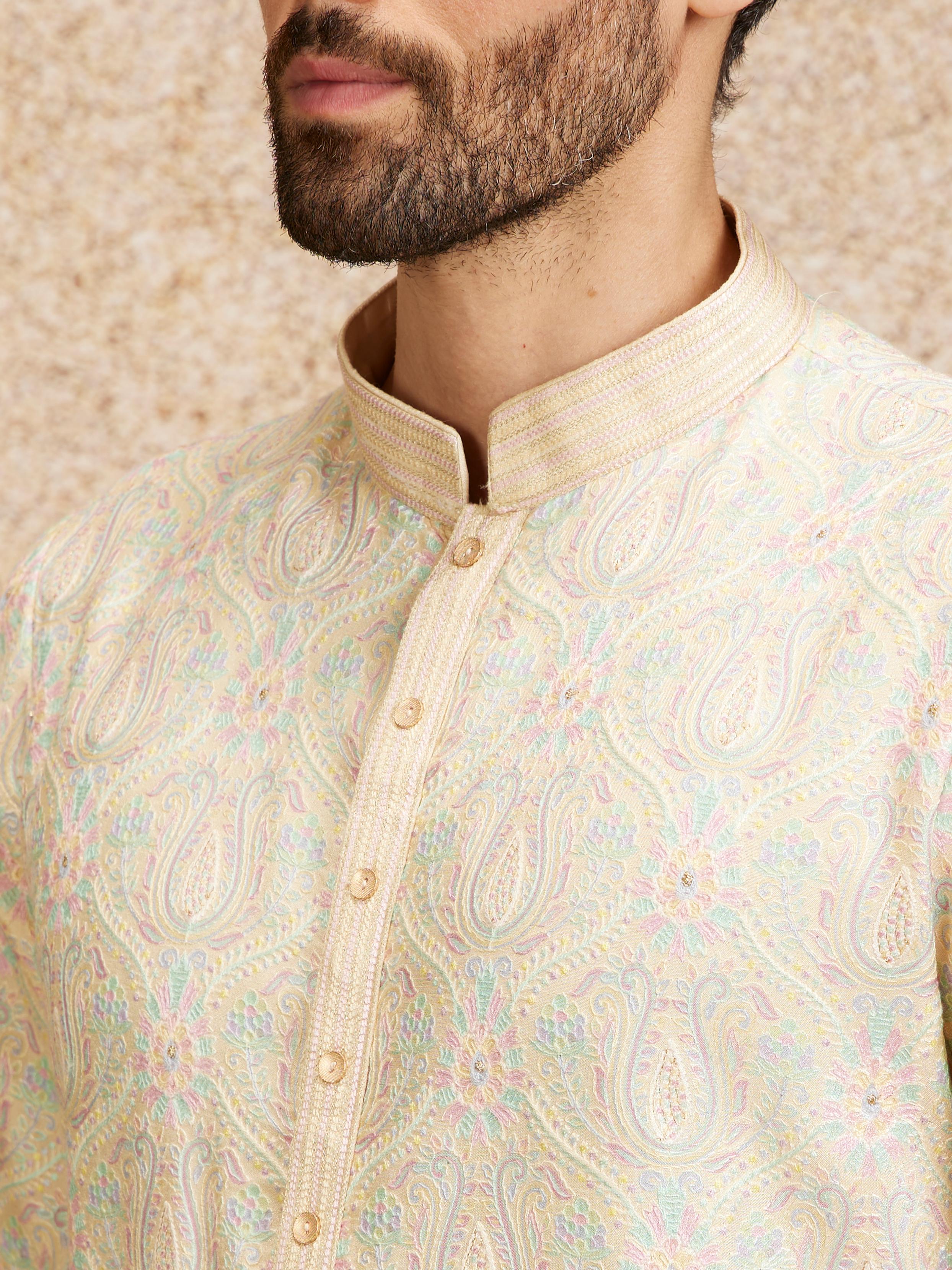 Twamev Men Peach Zari Embroidered Kurta Pajama