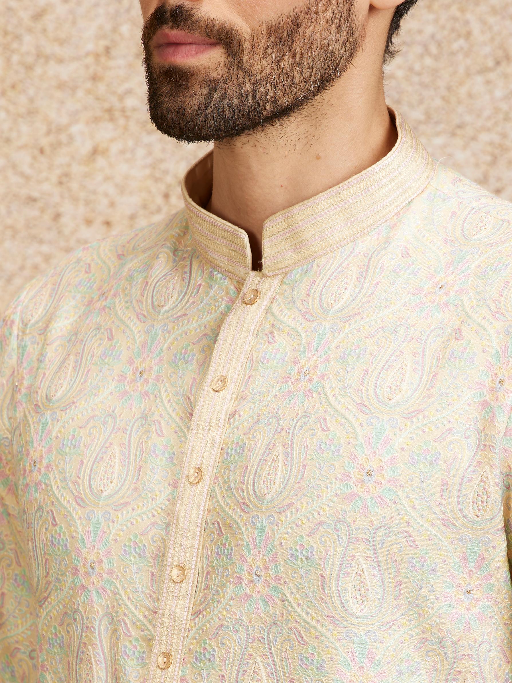 Twamev Men Peach Zari Embroidered Kurta Pajama