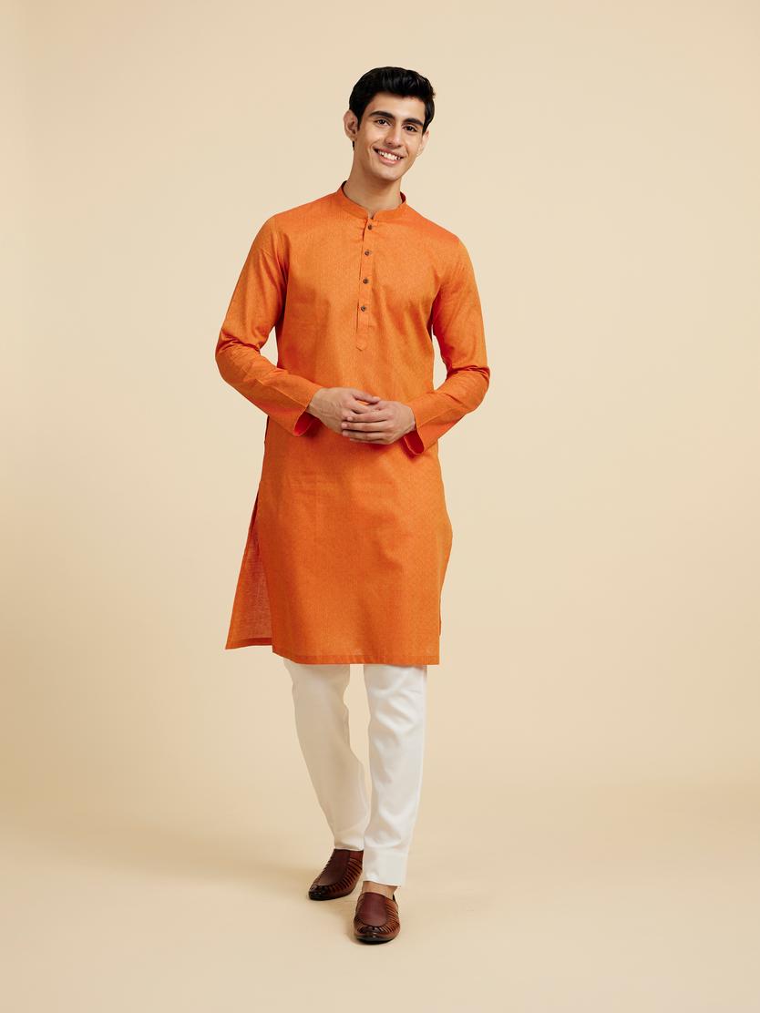 Diwas Men Pumpkin Orange Lattice Patterned Kurta