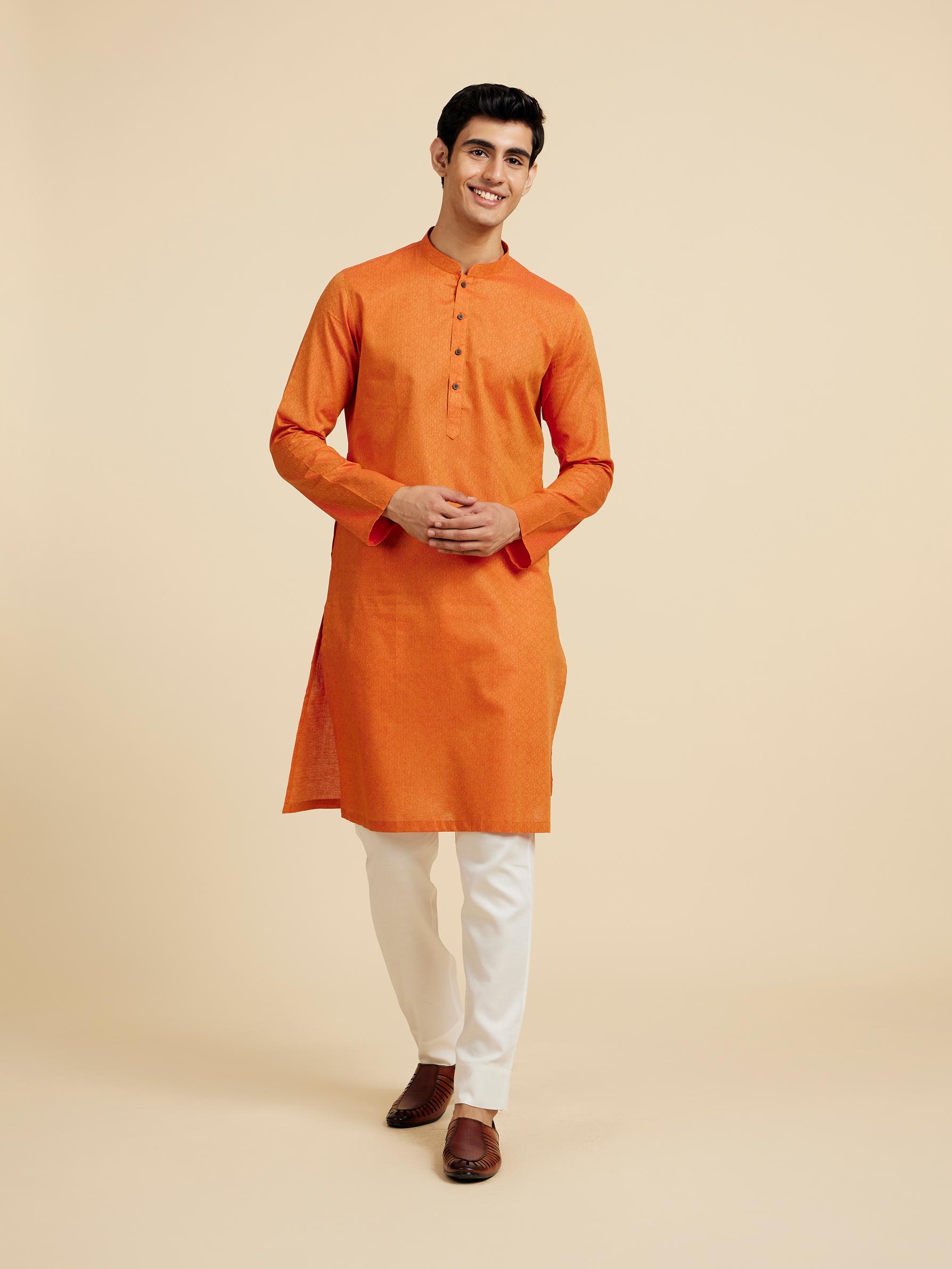 Diwas Men Pumpkin Orange Lattice Patterned Kurta