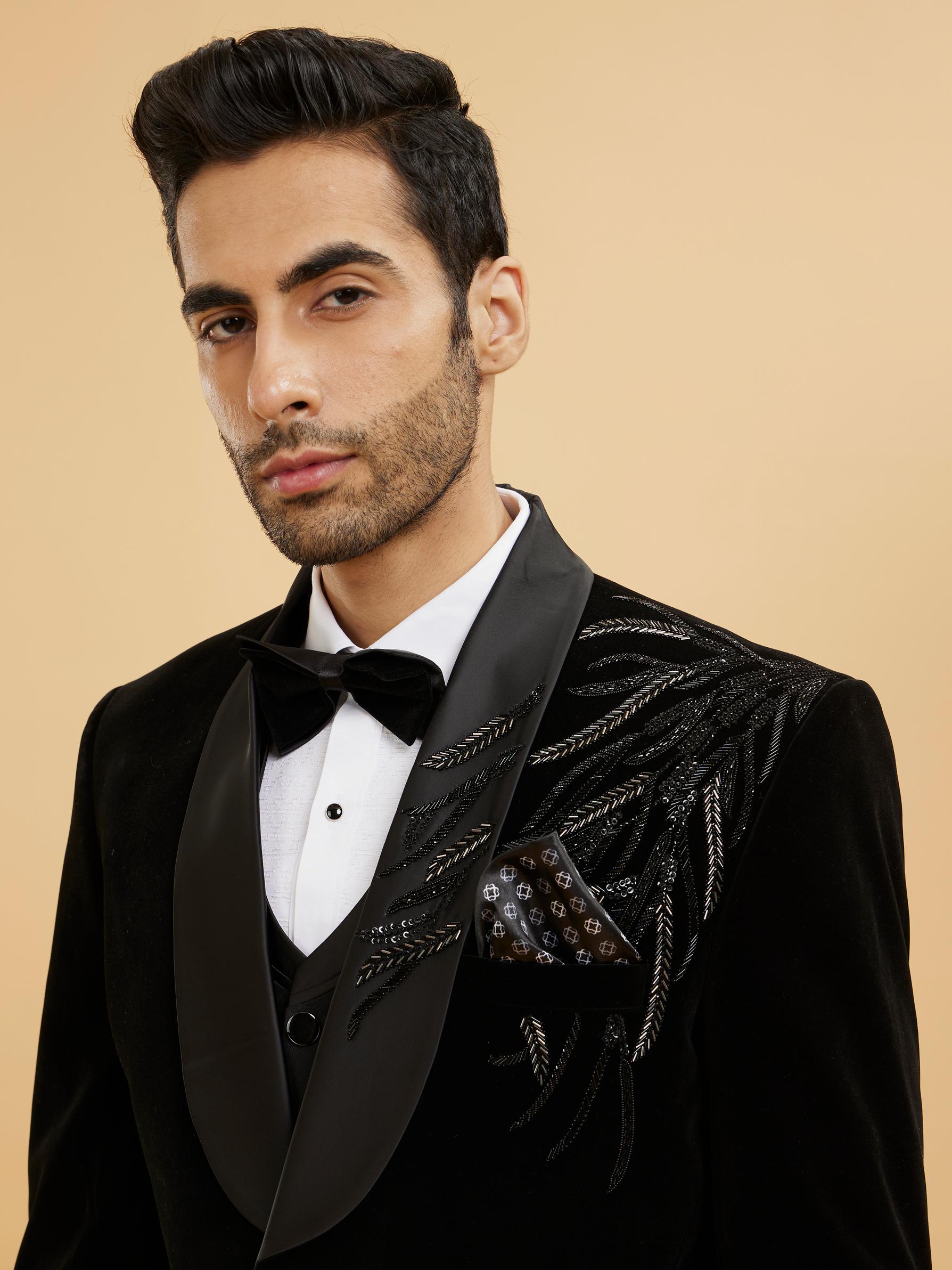 Twamev Men Midnight Black Shawl Collared Sequin Embellished Suit Set