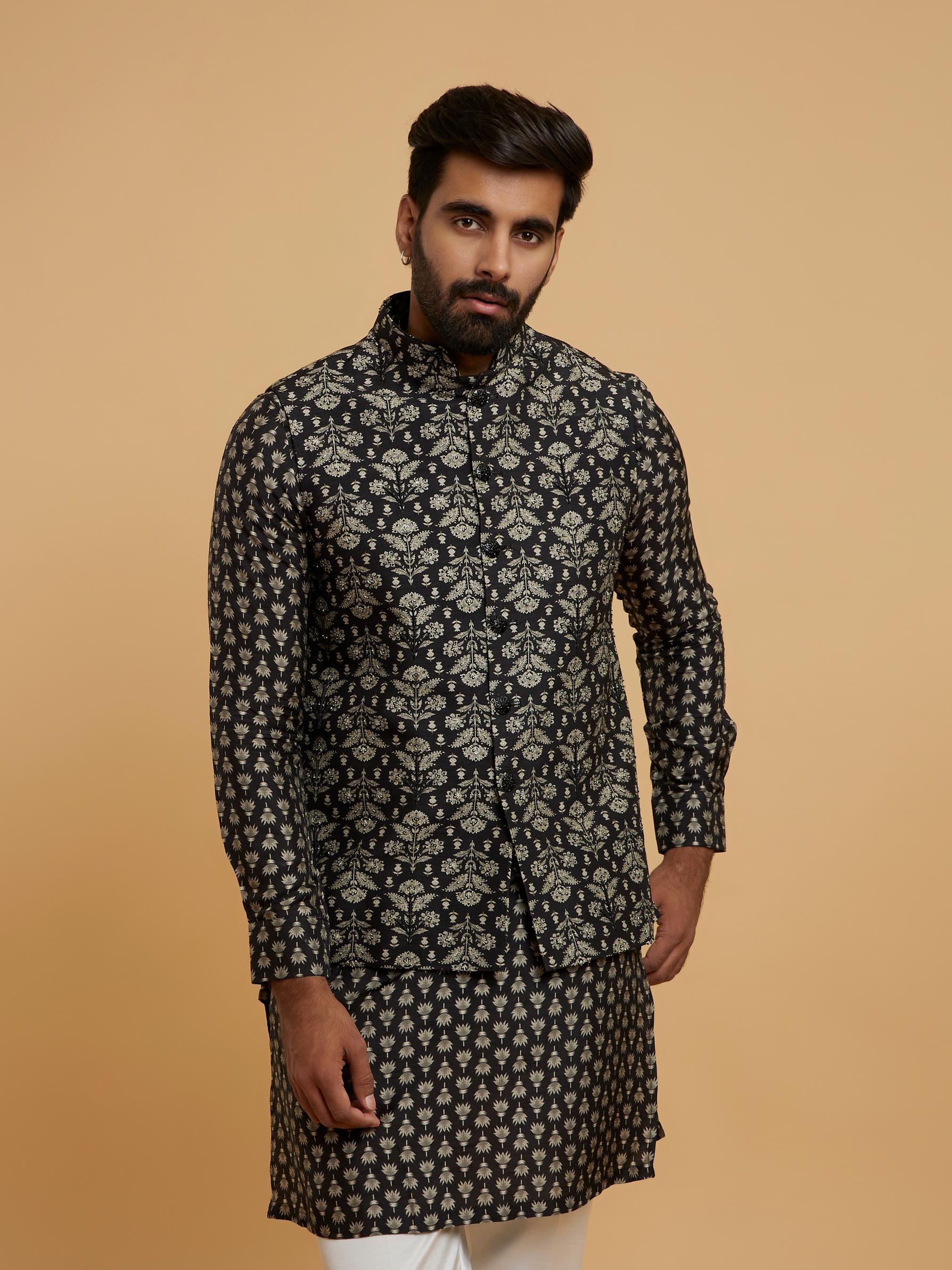 Twamev Men Black Majesty Kurta Jacket Set